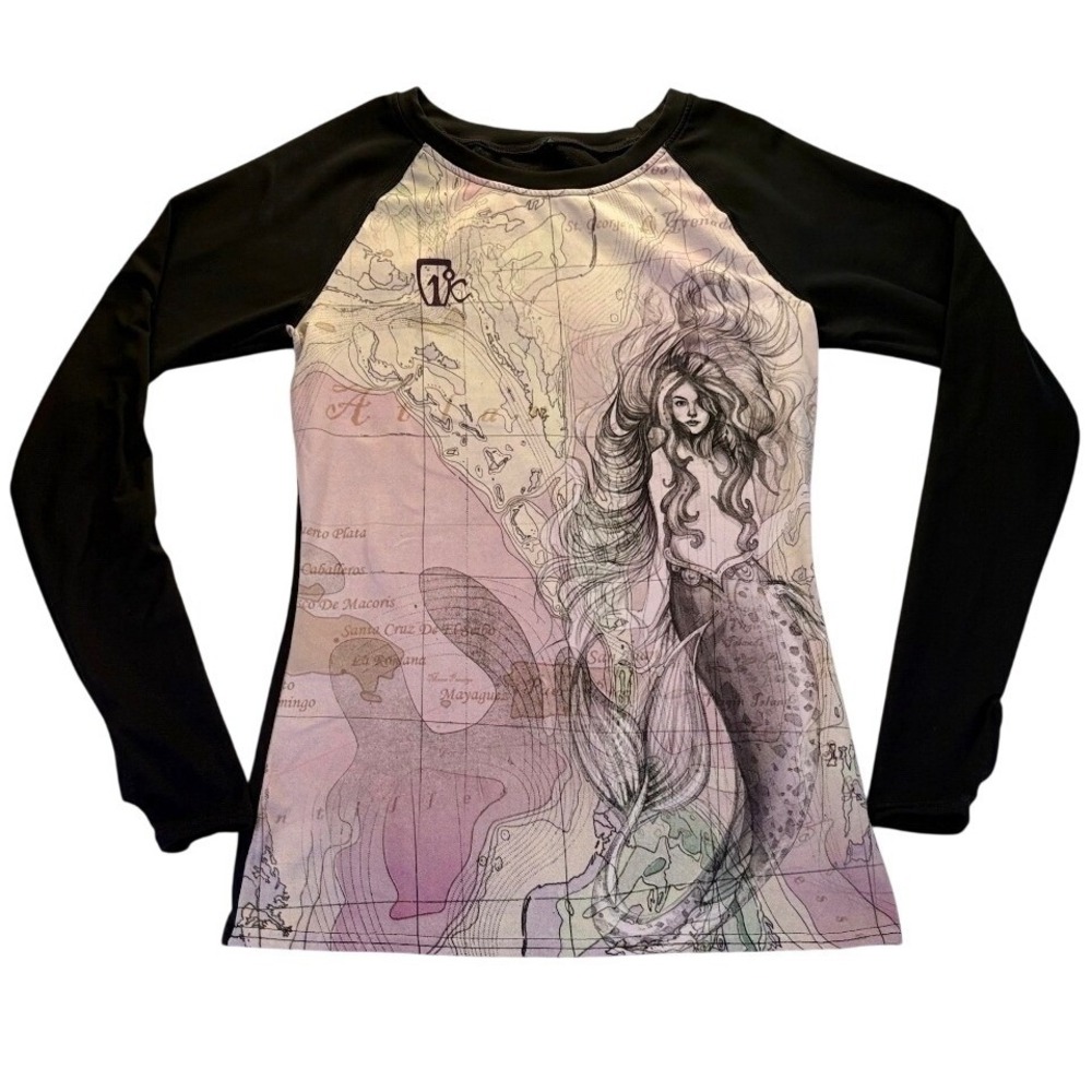 Icelantic Mermaid Map Graphic Base Layer Top Black Long Sleeve Thumb Hole Small